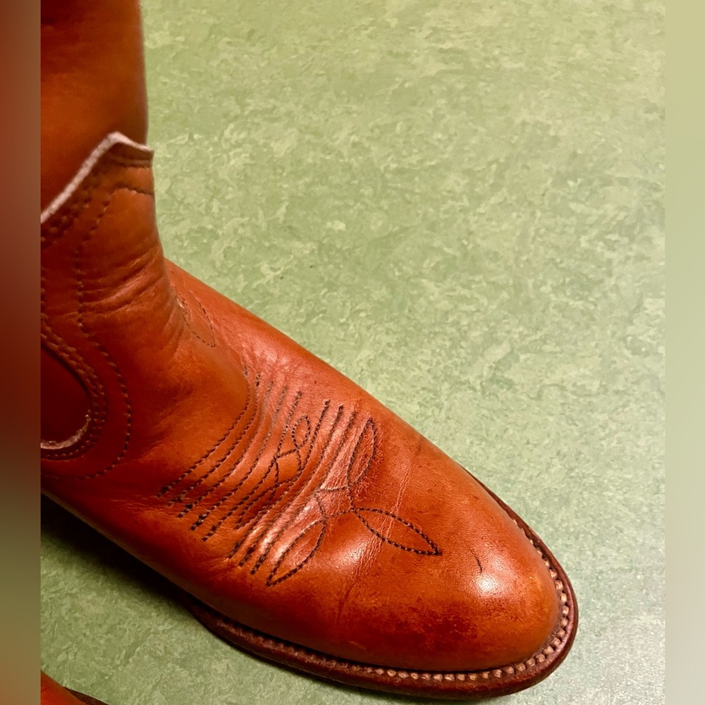 1980 Vintage Frye Leather Cognac Tree Art Embroidered Cowboy Boots - Picture 8 of 8